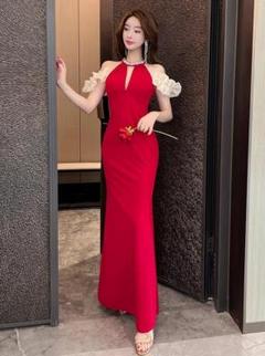 ホルターネック 谷間魅せ セクシー ロング丈 タイト キャバドレス