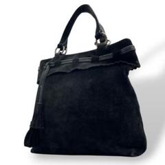 フルラ　ハンドバッグ　トートバッグ　黒　タッセル　FURLA　ベロア　s44