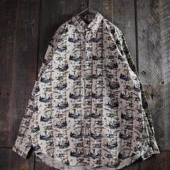 古着 ヴィンテージ 釣り柄 訳あり M ブラウン フライフィッシング 総柄シャツ
