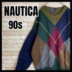 90s NAUTICA ニット セーター アーガイル マルチカラー レア 冬