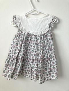 【美品】しまむら juo 花柄コットンワンピース（レース襟） 80