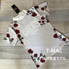 新品T-MAC ローズ・ストライプ柄リブハイネックシャツ M 2025春夏