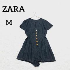【ザラ】ZARA　リネン　麻　オールインワンロンパース　M　ブラック　黒
