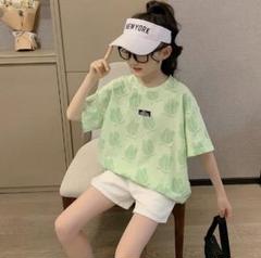 110cm グリーン 緑 キッズ 子供服 Tシャツ プリント柄 うさぎ柄