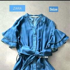 ZARA ザラ デニムロングワンピース ベルト付 半袖 フリル袖 リヨセルのサムネイル