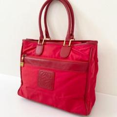 美品　Loewe ロエベ　アナグラム　ナイロン　トートバッグ　レザー　金具　赤
