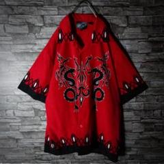 真紅の半袖チカーノシャツ US輸入古着 ドラゴン タトゥー トライパル ゆるダボ