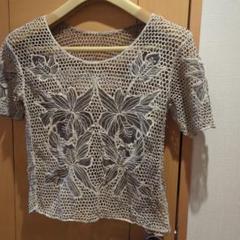 レース編み花柄ショートスリーブトップス黒染め