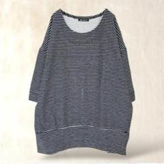 七分袖トップス　ドロップショルダー【F】紺　ボーダー柄　ゆったり　体型カバー