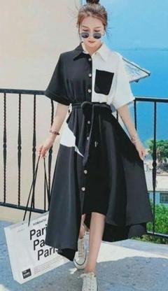 シャツワンピ 半袖 ロング丈 夏服 ブラック ホワイト 韓国