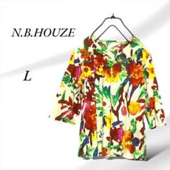 A284.エヌビーフーゼ/トップス【L】ベージュベース/花総柄/5部袖/レトロ