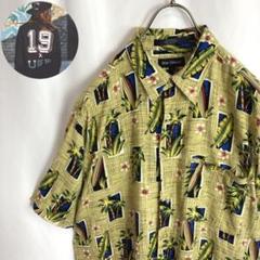 ビンテージ古着 レーヨン製 総柄シャツ ボタニカル柄 半袖 黄緑色 L かわいい