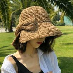 レディース リボン麦わら帽子 夏 ら UV たためる 折りたたみ つば広 ハット