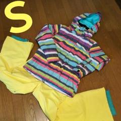 【美品】ROXY　スノボウェア　上下セット　Ｓ　ボーダー　マルチカラー　イエロー 美品】ROXY スノボウェア 上下セット S ボーダー マルチカラー