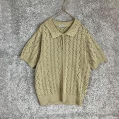 li la la　透かし編みポロニット　半袖　襟付き　リネン混　サマーニット