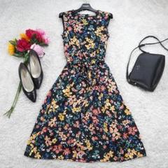 G9903*ユナイテッドアローズ☆Aライン☆花柄☆ノースリーブ☆ワンピース☆黒