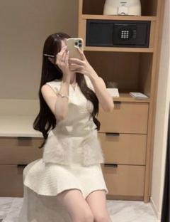 ルミニョン 千鳥柄ポケットファーワンピ Mサイズ