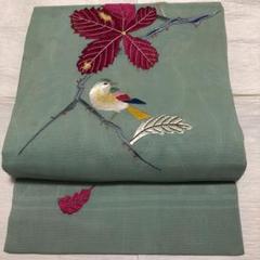 アンティーク　小鳥　刺繍　大正ロマン　水色　絽　正絹　名古屋帯　364.5センチ アンティーク小鳥刺繍大正ロマン水色絽正絹名古屋帯364.5センチ