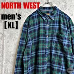 c525【NORTH WEST】チェックフランネルシャツ【メンズXL】ブルー