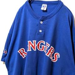 ラッセルアスレティックテキサスレンジャーズハーフボタン TシャツブルーXL古着