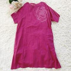 ヤッコマリカルド　花柄ワンピース　リネン　ピンク　大きめ　半袖　チュニック　刺繍
