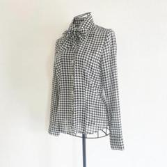 ロートレアモン ボウタイブラウス M 白黒 千鳥格子柄 リボン 日本製 上品
