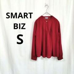 【SMART BIZ】 ブラウス S 赤 シアースリーブ オフィス 胸元プリーツ