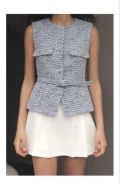 正規品⭐︎ZARA ベルト テクスチャー ベスト XS ホワイト/空色