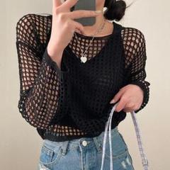 【人気】レディース　ブラック　メッシュ　ニット　トップス　長袖　シースルー