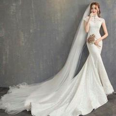 ウェディングドレス 袖あり 白 二次会 花嫁 結婚式フィッシュテール 花柄 刺