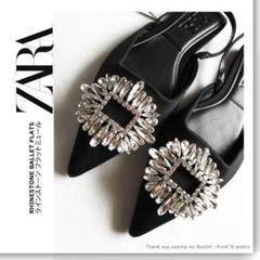 新品 ZARA ザララインストーン フラット サテン ミュール 37