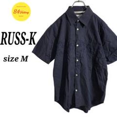 RUSS-K ショートスリーブ ボタンシャツ 半袖 刺繍デザイン 紺 メンズ M