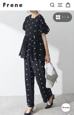 【パンケーキさま専用】Frene モノトーンフラワー刺繍パフチュニック＆パンツ 予約/SET]モノトーンフラワー刺繍パフチュニック+シアーパール