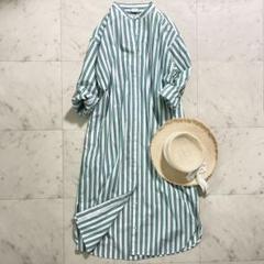 美品♪ ドアーズ コットンストライプワンピース バンドカラー 長袖 L相当 緑