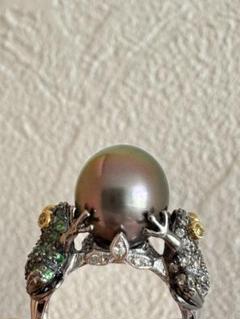海外ブランド  黒蝶真珠 ミル打ち ブラックパールダイヤモンドリング k18wg アクセサリー