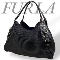 【訳あり】 FURLA フルラ ショルダーバッグ ストロー クロコ 型押し 黒