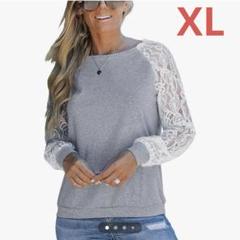XL 袖レース グレー オシャレ 可愛い 長袖 Tシャツ デート レディース