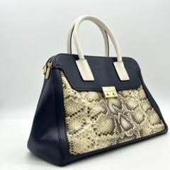 【美品】トリーバーチ ハンドバッグ パイソン柄 濃紺 レザー 多収納 A4収納可