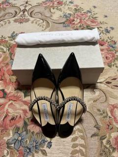 JIMMYCHOOクリスタル サンダル Bing Flatミュールサイズ38 Bing Flat | Black Patent Leather Mules with Crystal Strap