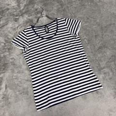 【ノーブランド】（M）半袖Tシャツ キーホールネック ボーダー カジュアル