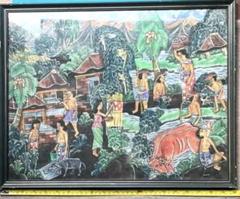 【アジアン雑貨】バリ絵画 - 田園風景と人々の暮らし(額縁傷あり) 新品 アジアン雑貨】バリ絵画 - 田園風景と人々の暮らし(額縁傷あり