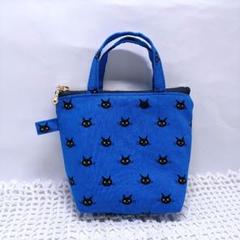 452 ハンドメイド ミニミニトートバッグ 黒猫柄 ブルー ココランド