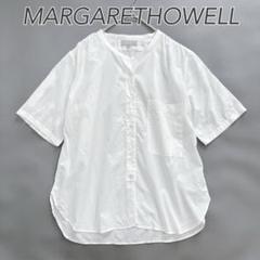 MHL. 麻混 ワイド ノーカラーシャツ マーガレットハウエル 白 バンドカラー マーガレットハウエル バンドカラー リネンシャツ 麻 7分袖 白