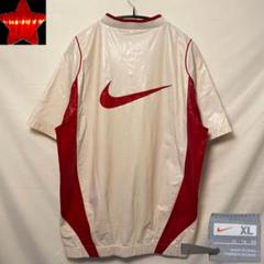 【NIKEナイキ】エナメル 半袖ウィンドブレーカー 野球シャツ 刺繍ロゴ 赤×白