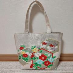 着物帯リメイク　生成り色✕花柄　トートバッグ
