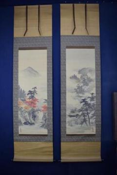 真作】太田文暉/嵐山春秋山水図/双幅/掛軸☆宝船☆Y-971JM