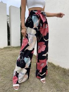 SHEIN ランダム花 プリント ベルト ワイドレッグパンツのサムネイル