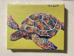カラフルなウミガメの原画　キャンバス　アート 現代アート　動物画　海 カラフルなウミガメの絵画原画 キャンバスアート 真作