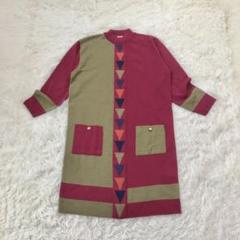 美品　日本製　グリーングラス　ニットワンピース　配色切替　ハイネック　ウール混
