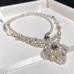 本真珠　フラワーモチーフ　キラキラデザインネックレス　3.6〜5.8㎜　O341